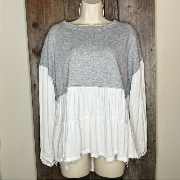 Fate Tiered French Terry and Gauze Boho Layered Tiered Top White and Grey Medium - Picture 2 of 11